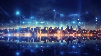 A smart city featuring abstract dot points connected by gradient lines and an intricate wave line design.