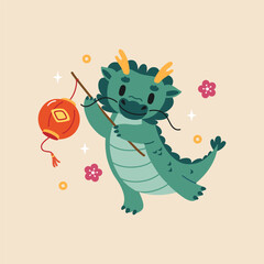 Chinese dragon holding chinese paper lantern. Chinese new year 2024, year of the dragon. Vector flat illustration.