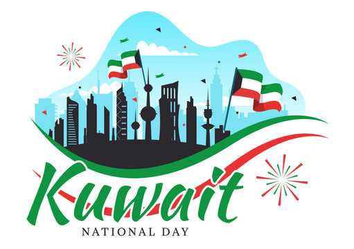 National Kuwait Day Vector Illustration on February 25th with Landmark, Waving Flag and Independence Celebration in Flat Cartoon Background