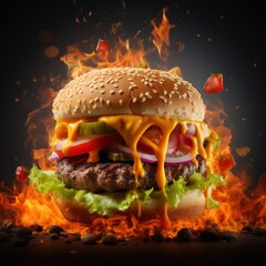 Hamburger on fire, explosive sandwich, Fiery burger,