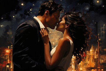 Midnight Kiss: A couple sharing a kiss at the stroke of midnight. - obrazy, fototapety, plakaty