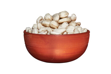 Cashew nuts in a clay bowl isolated on a transparent background, A Clipping path is included for easy selection