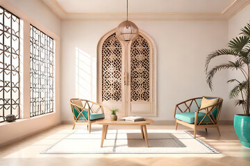 Arabic, Islamic style interior. Rattan chair, table and arabic pattern in window with shadow. pastel color wall