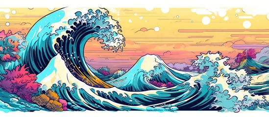 Fotobehang Illustration of big ocean wave or panorama of big tsunami, used for Japanese vintage style painting, © siti
