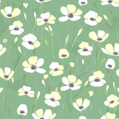 Delicate white poppy flowers on pastel green, seamless pattern, vector background - 680816881