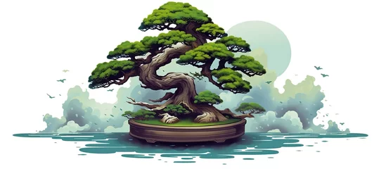 Tuinposter Japanese bonsai trees grown in pots. Beautiful realistic trees. Bonsai style tree. Decorative vector illustration of a small tree. Nature art © siti