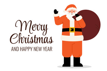 Merry Christmas and Happy New Year greeting card. Santa Claus character with gift bag on shoulder. Vector banner for holiday design in flat style on white background