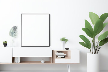 Podium Display Home office concept, picture frame mockup, wall background, Elegant working space,...