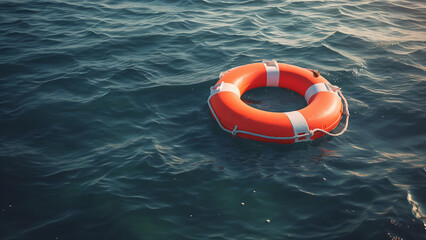 Life buoy or rescue buoy floating on sea to rescue.  - obrazy, fototapety, plakaty