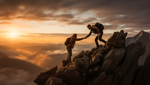 Two people conquering a mountain together at sunrise, mutual help concept.