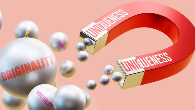 Uniqueness which brings Originality. A magnet metaphor in which uniqueness attracts multiple parts of originality. Cause and effect relation between uniqueness and originality.,3d illustration