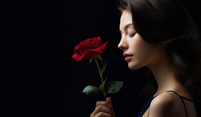 March 8 holiday. Beautiful young woman holding a rose on a black background