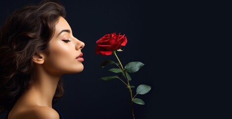 Naklejka premium March 8 holiday. Beautiful young woman holding a rose on a black background