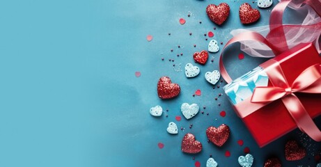 valentine hearts on the blue background copy space