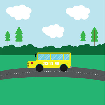vector school bus on the road with sky and ground background.