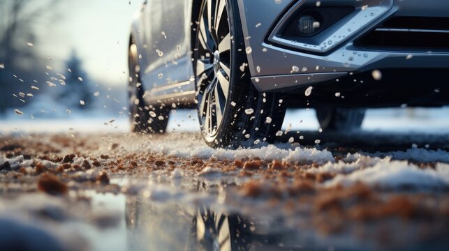 Snow flies from under the wheels of a car on a winter snowy icy road, concept of changing tires from summer to winter, tire fitting