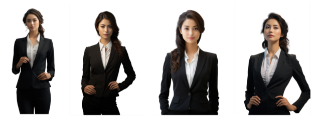 asia lady stand, drooping hands, black business suit, white shirt, slight smile