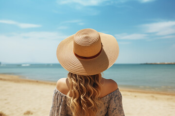 girl in a straw hat looking at the sea on a sunny day, rear view