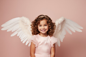 innocent little  girl  wearing angel costume with wings on pastel pink background..