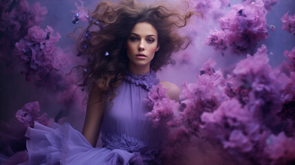 pretty woman in purple dress standing under flowers rain