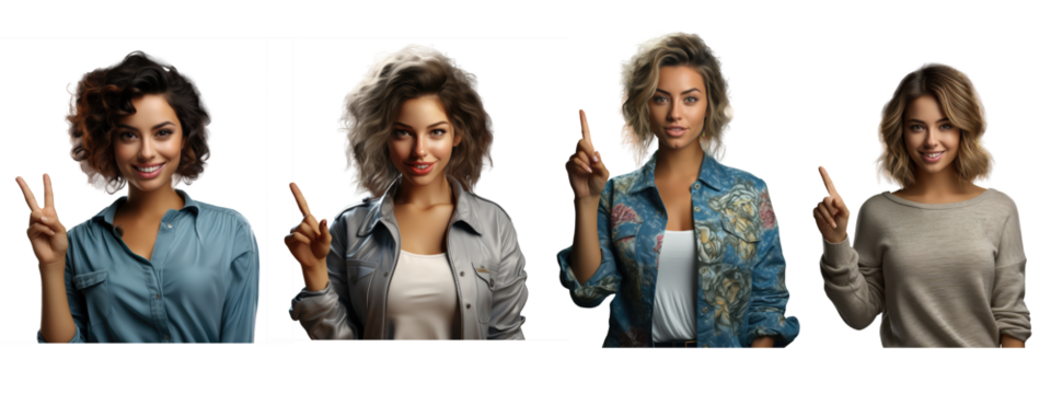 Front view of beautiful young woman smiling, pointing finger