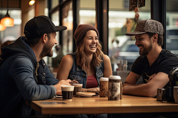A group of friends in a warm and cozy coffee shop, cafe, restaurant; talking, chatting, discussing, laughing, enjoying each other's company; friendship, love, bonding; teenagers, young adults - obrazy, fototapety, plakaty