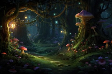 Obraz na płótnie Canvas Fairy Tale Forest: A magical forest scene with fairies, elves, and enchanted creatures. 
