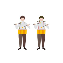 正面で小太鼓を叩く男の子と女の子の全身イラスト