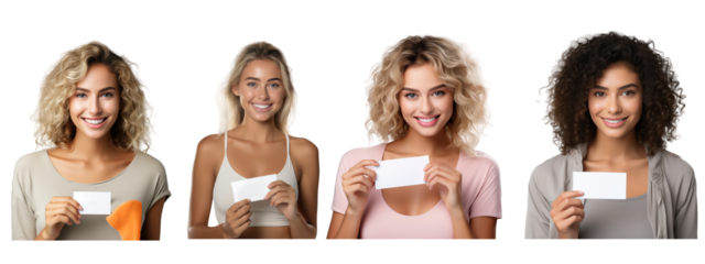 happy woman age 23 with a very naturally beautiful face, holding a blank invitation in her hands