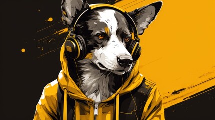 Stylish Dog Enjoying Music in Yellow Hoodie