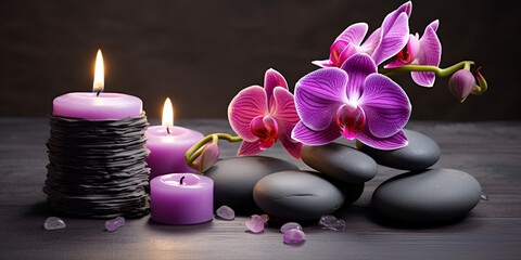 Obraz na płótnie Canvas Spa still life with orchid flowers and candles on wooden background,, Zen Elegance Orchid Flowers and Candles on Wooden Backdrop Generative Ai