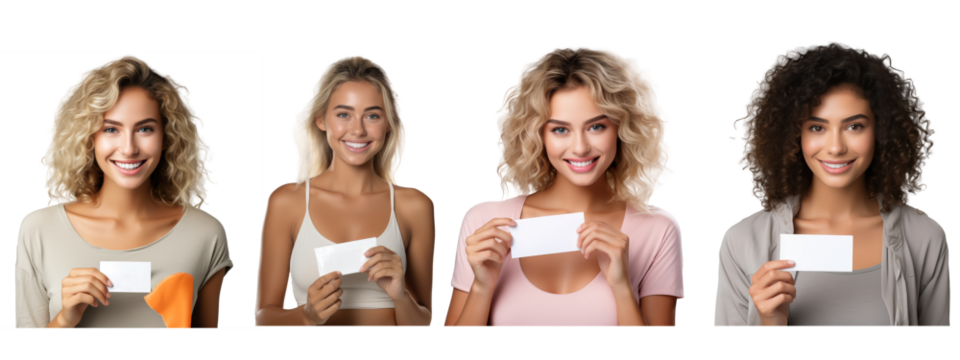 happy woman age 23 with a very naturally beautiful face, holding a blank invitation in her hands