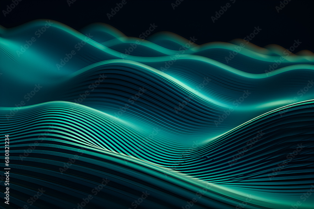 Poster geometric stripes similar to waves. abstract green glowing crossing lines pattern ,generative ai