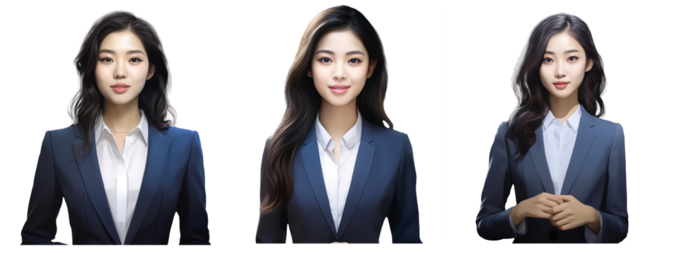 woman with an asian face, a sweet smile, a woman White shirt, black suit, long hair