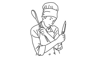 line art of chef with kitchen appliances