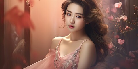 asian beauty with a pink dress, generative AI
