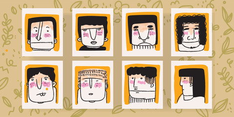 Set of cartoon face character line art vector icon. Vintage, line drawing, abstract cute people illustration.