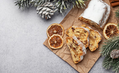 Christmas stollen with winter holidays decoration.