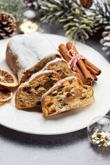 Christmas stollen with winter holidays decoration.