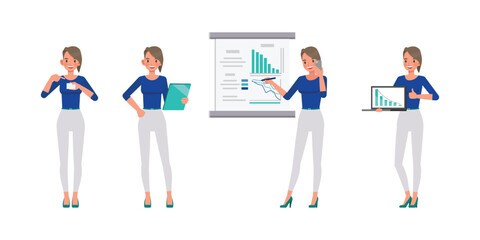 Set of working woman wear blue shirt color character vector design. Presentation in various action. Businesswoman working in office planning, thinking and economic analysis on isolated white backgroun