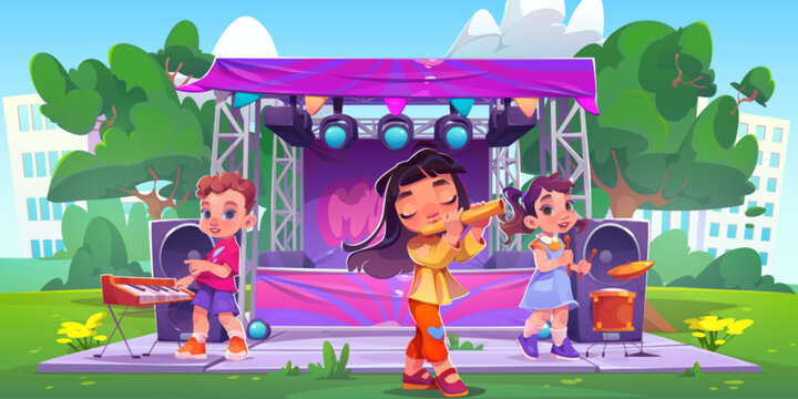 Children Music Band Perform With Instruments In Front Of Scene In City Park. Cartoon Vector Illustration Of Outdoor Kid Concert On Talent Festival. Kindergarten Or School Creative Artistic Activity.