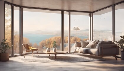 Modern Minimalist Scandinavian Living Room with Beautiful Beach View