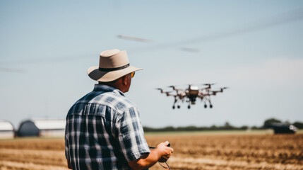 Farmer in his 60s skillfully operates an agriculture drone, flying it over a vast field. Modern farming techniques, integration of technology in agriculture.