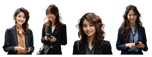 business woman smiling face. Beautiful coloured clothes, feminine hairstyle, Holding a smartphone
