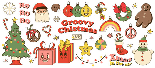Groovy Christmas. Comic retro winter characters and decorative elements. Funny tree, glass balls, cute gifts and snowman. Hippie gingerbread and spruce wreath. Cartoon vector in 70s 80s - obrazy, fototapety, plakaty