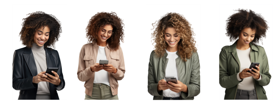 Woman with long hair holding a mobile phone, happy smiling