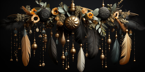 Naklejka premium Adventskranz in gold und schwarz mit wunderschöner Dekoration im Querformat als Banner, ai generativ