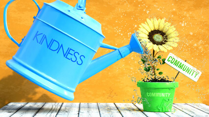 Kindness grows community. A metaphor in which kindness is the power that makes community to grow. Same as water is important for flowers to blossom.,3d illustration