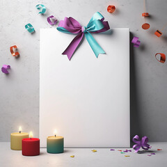 Blank white empty frame, white note or mock up with gift ribbon bow, balloons and confetti for Birthday, Merry Christmas and New Year decoration, Generative AI.