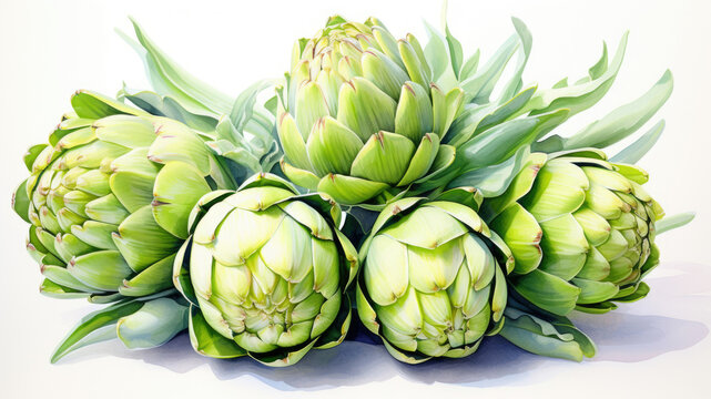 Handpainted watercolor poster with many artichokes isolated on white background